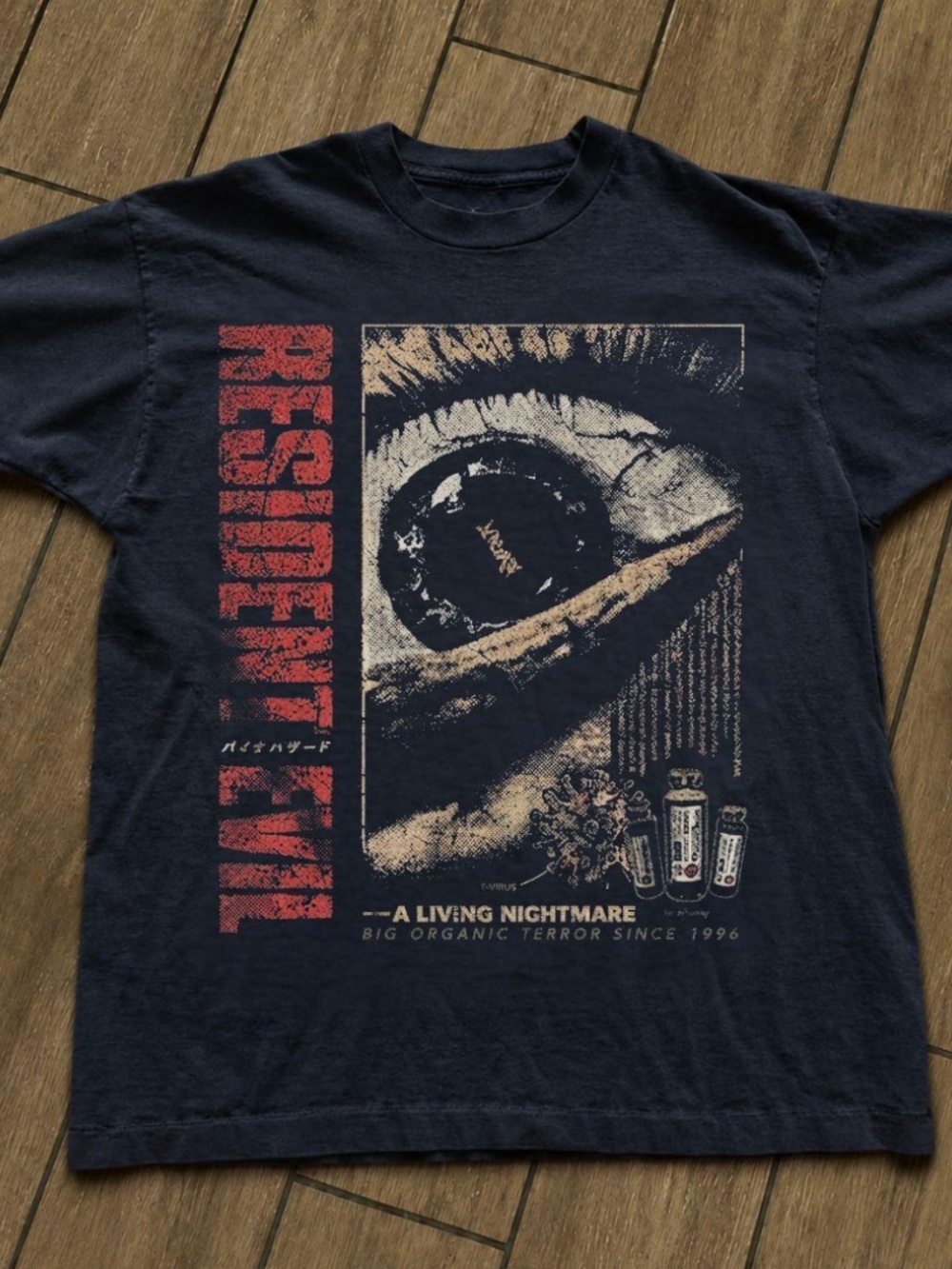 Gildan Black Tee with Red and Cream Screenprint - Resident Evil Eye Graphic